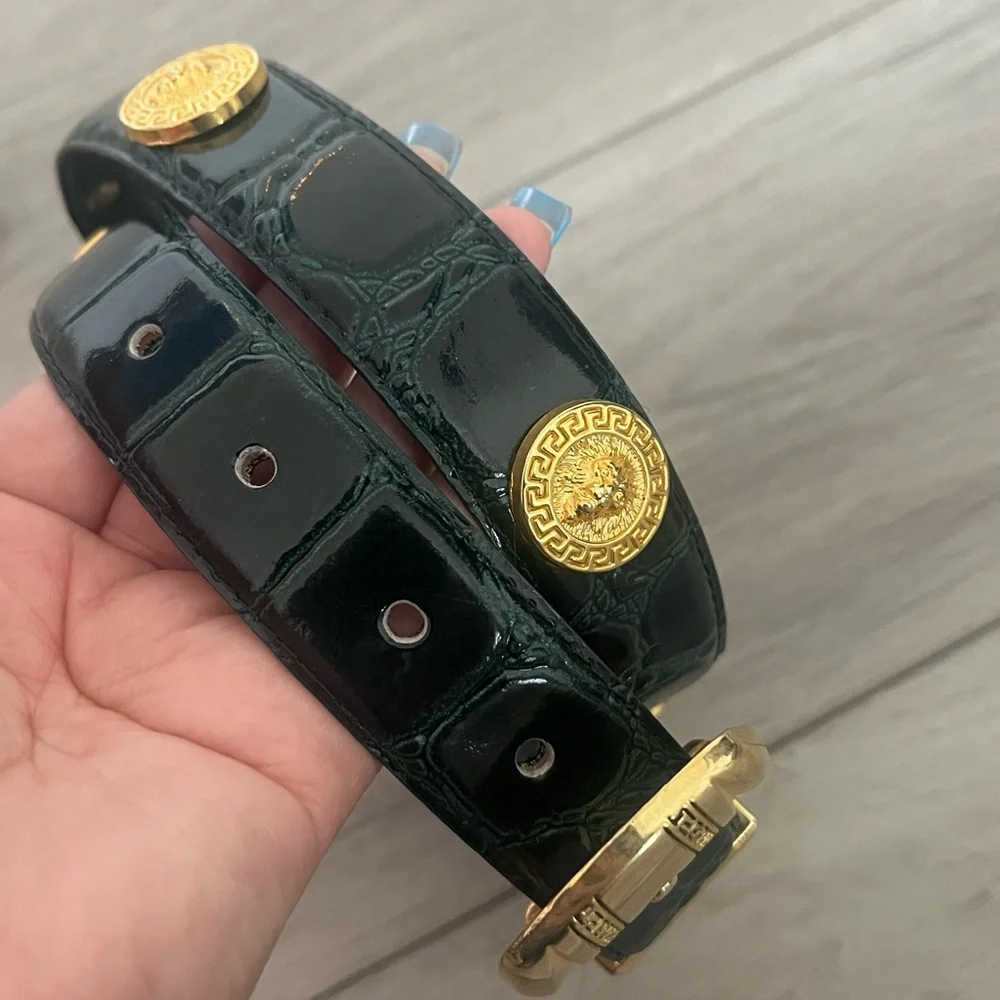 Vintage #11/4 Gator Genuine Leather M Green/Black Belt w Gold‎ Roman studs